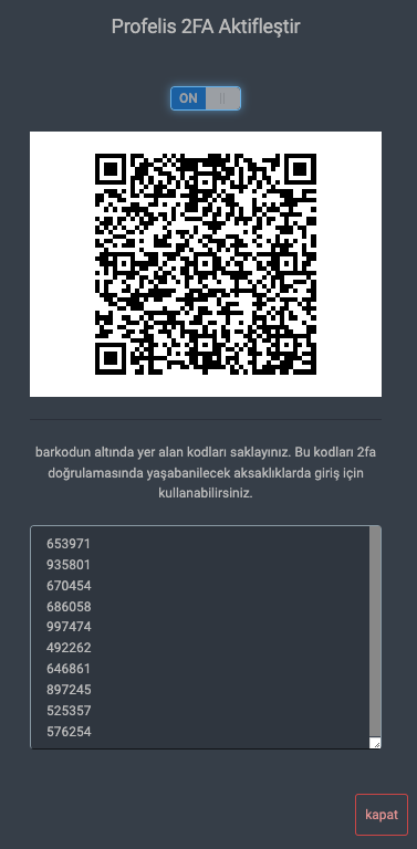 2FA Yedek Kodlar